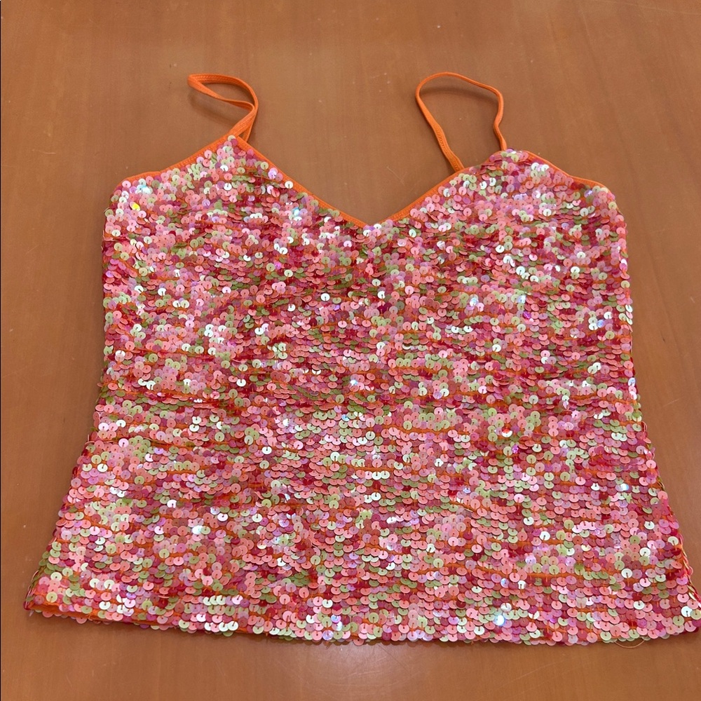 Sequin Spaghetti-Strap Cami in Pink and Orange